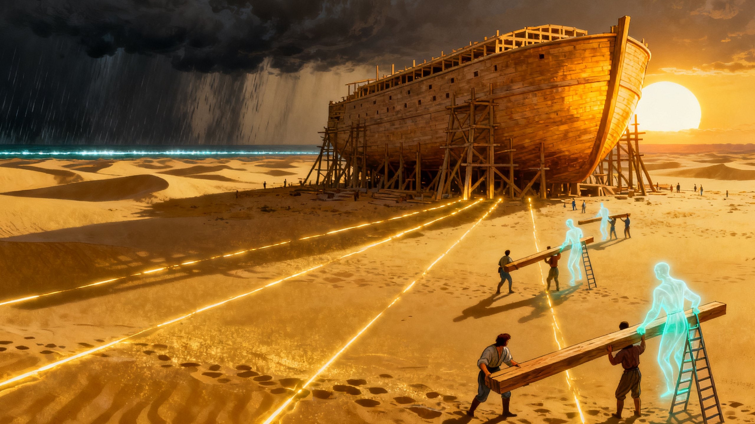 A collective building a monumental ark at the edge of a changing world