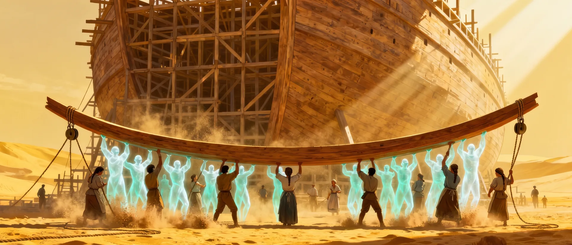 Builders assembling the Ark together