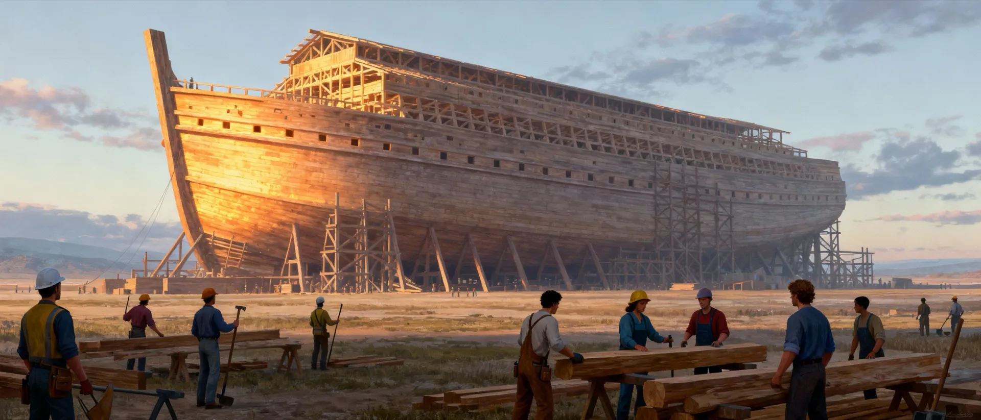 Builders assembling the Ark together