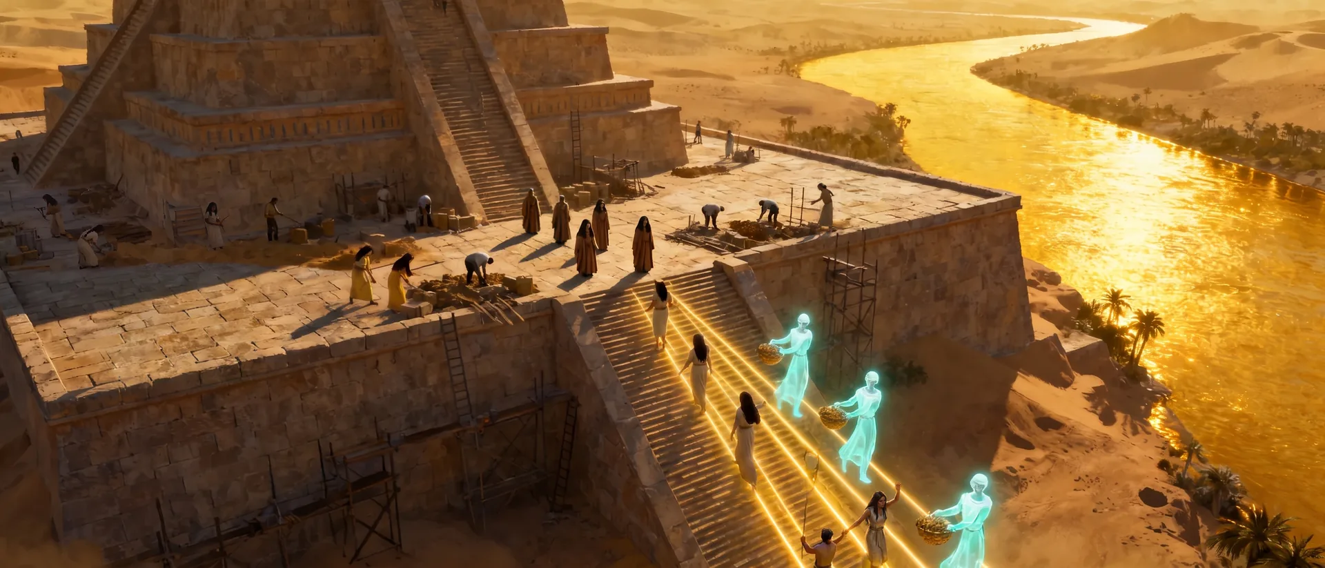 A stepped stone ziggurat settling into a broad terrace beside a golden river