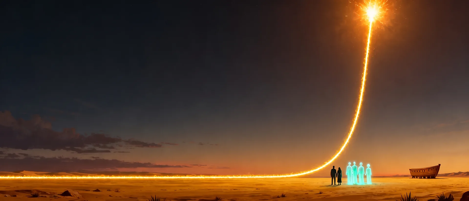 A curve of light runs flat across the desert, then bends and shoots up toward a single point